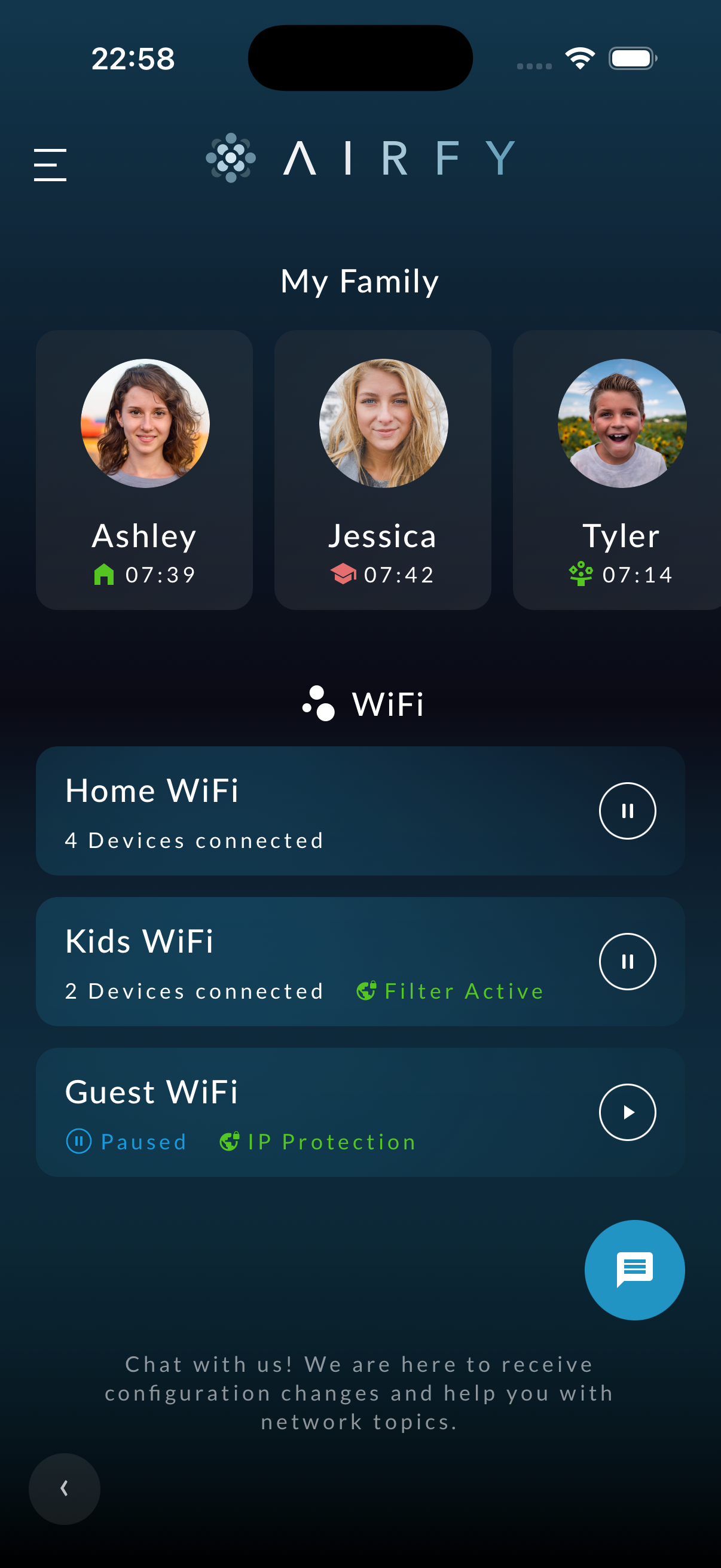 MeshNode app family WiFi screen, showing per-person schedules and controls