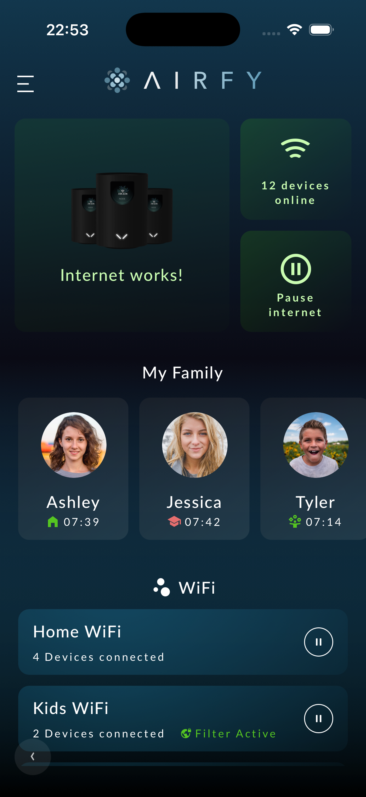 MeshNode app home dashboard, showing connected nodes and network status